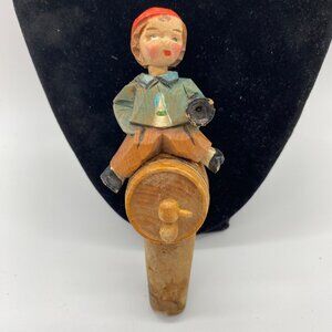 Vintage ANRI Bobble Head Boy on Barrel Cork Wine Bottle Stopper Handcarved Italy